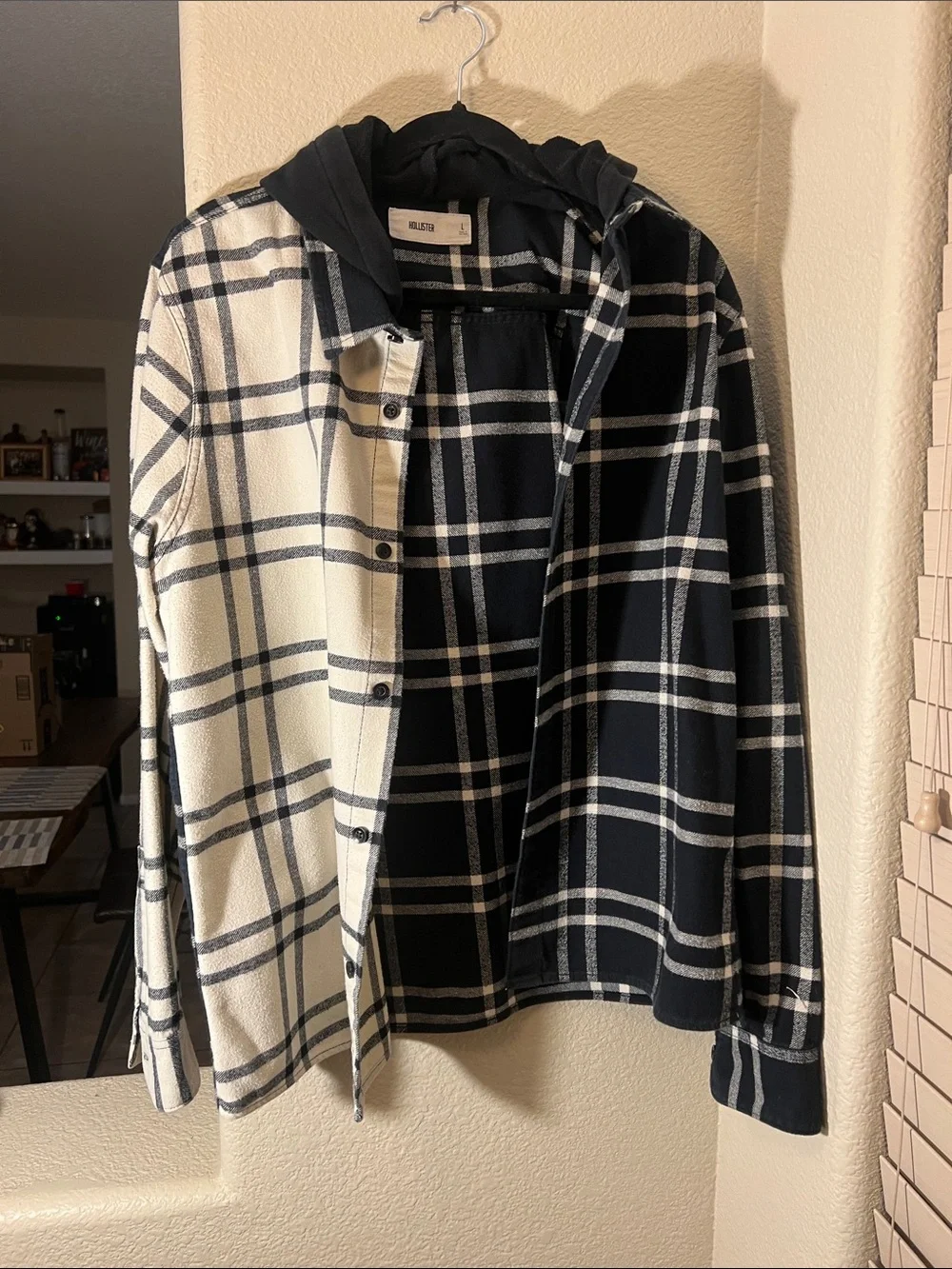 Hollister Black & Cream Plaid Hooded Shirt Jacket